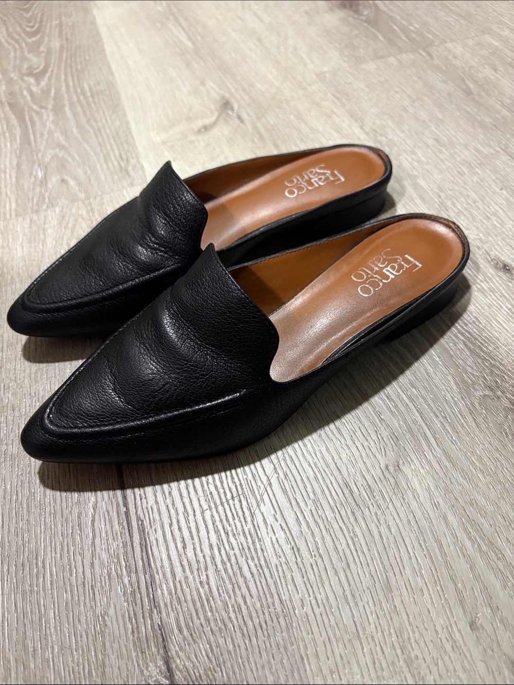 Franco Sarto Black Leather Pointed Backless Loafers